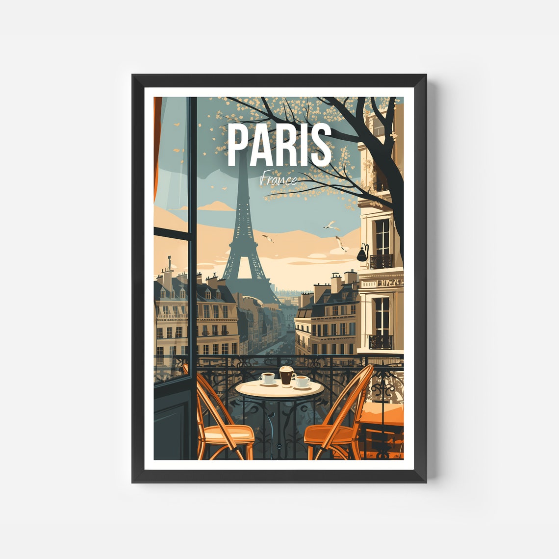 Paris France Eiffel Tower Balcony Cafe Blooming Tree Travel Poster - Image 2