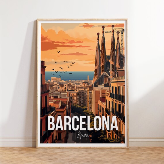 Barcelona Spain Sagrada Familia Sunset Rooftop City View Travel Poster