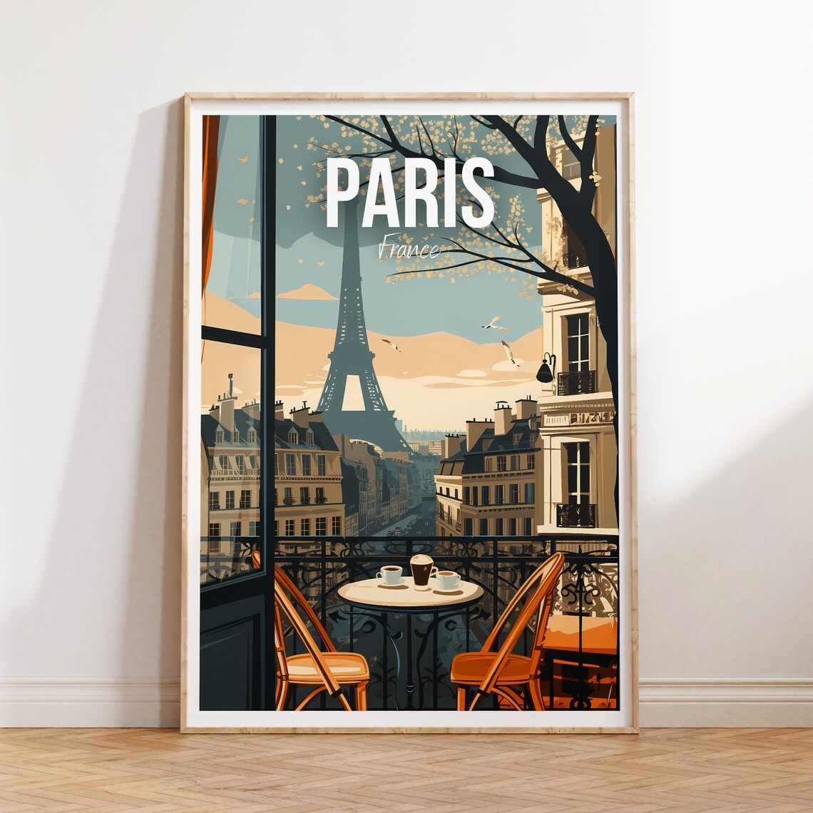 Paris France Eiffel Tower Balcony Cafe Blooming Tree Travel Poster