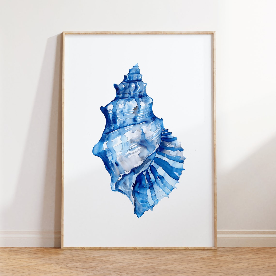 Blue Conch Shell Watercolor Coastal Ocean Botanical Art Print