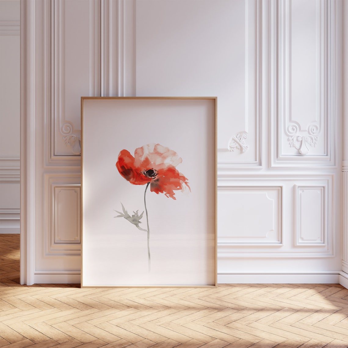 Single Red Poppy Watercolor Minimalist Solitary Bloom Poster - Image 2