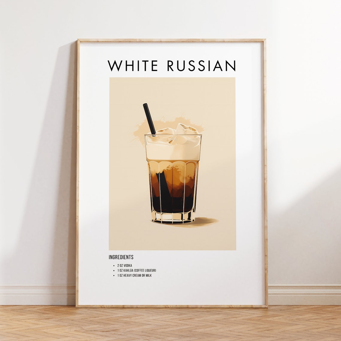 White Russian Cocktail Recipe Minimalist Kitchen Bar Art Print