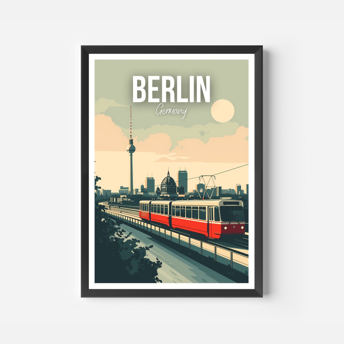 Berlin Germany TV Tower and Red Tram Vintage City Travel Poster - Image 2