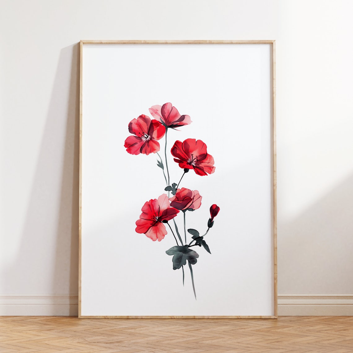 Red Geranium Watercolor Blooms Minimalist Botanical Art Poster