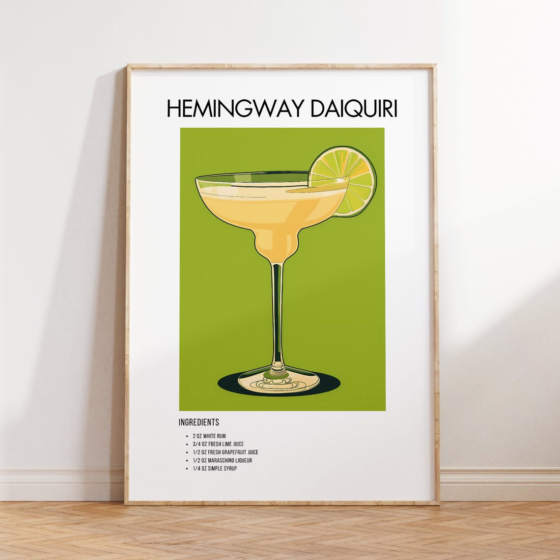 Hemingway Daiquiri Cocktail Recipe Poster Lime Green Kitchen Bar Art