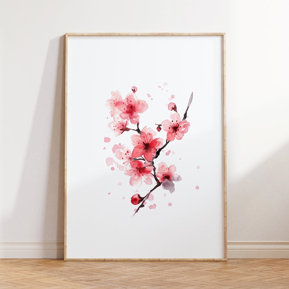 Red Cherry Blossom Watercolor Branch Delicate Spring Art Poster