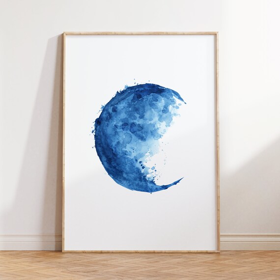 Blue Moon Phase Watercolor Crescent Minimalist Lunar Art Print