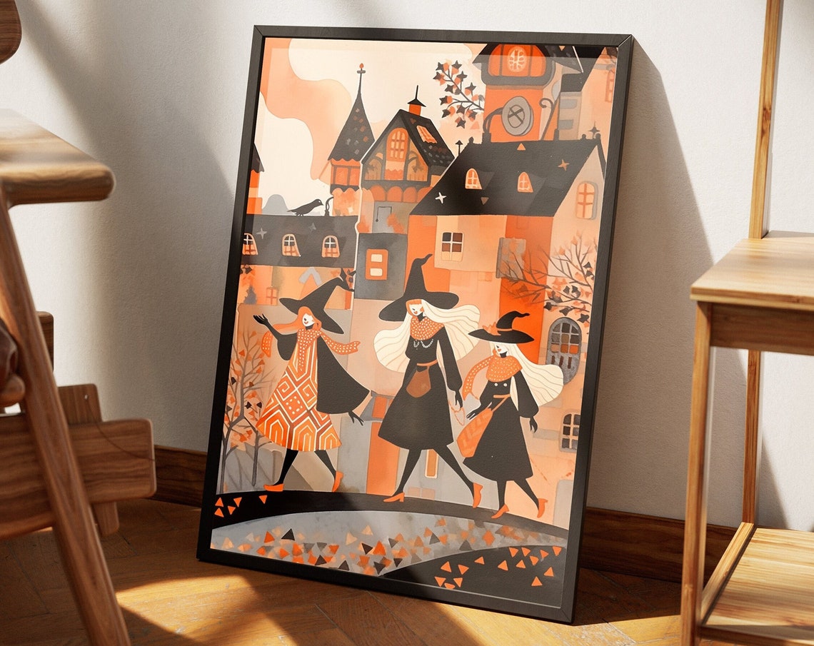Three Witches Halloween Town Folk Art Orange Black Witchy Poster