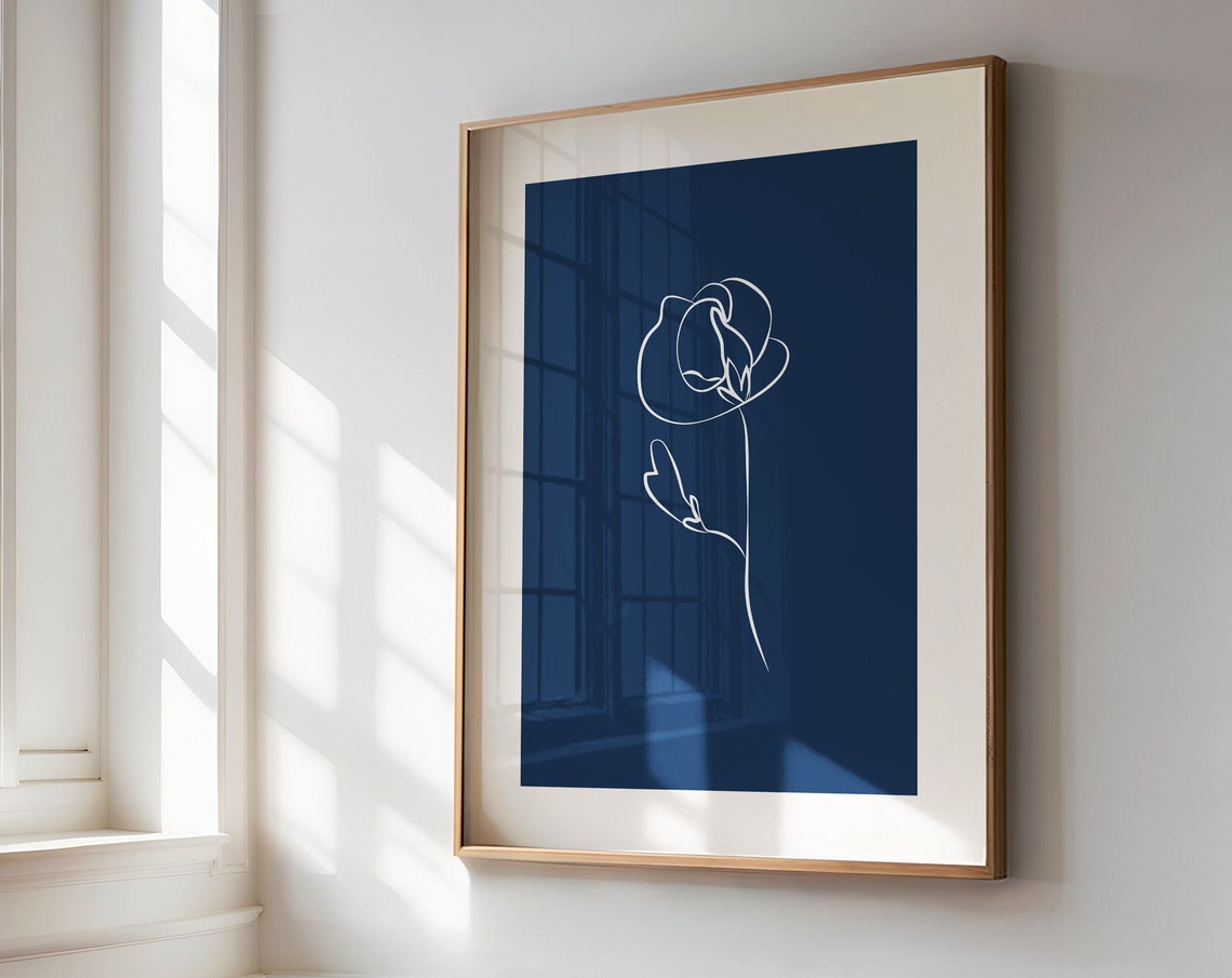 Navy Blue Botanical Line Art Poster White Flower Blossom Drawing - Image 4