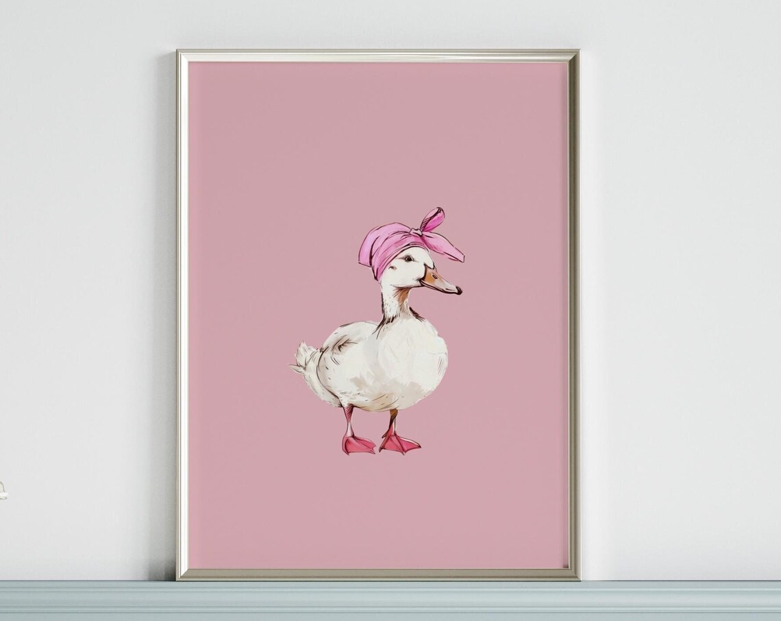 Cute Duck In Pink Headscarf Hand Drawn Funny Bathroom Wall Poster