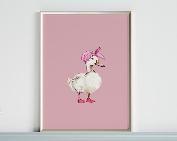 Duck In Pink Wrap Print Cute Hand Drawn Bathroom Art Nursery Wall Kids Girly Preppy Decor