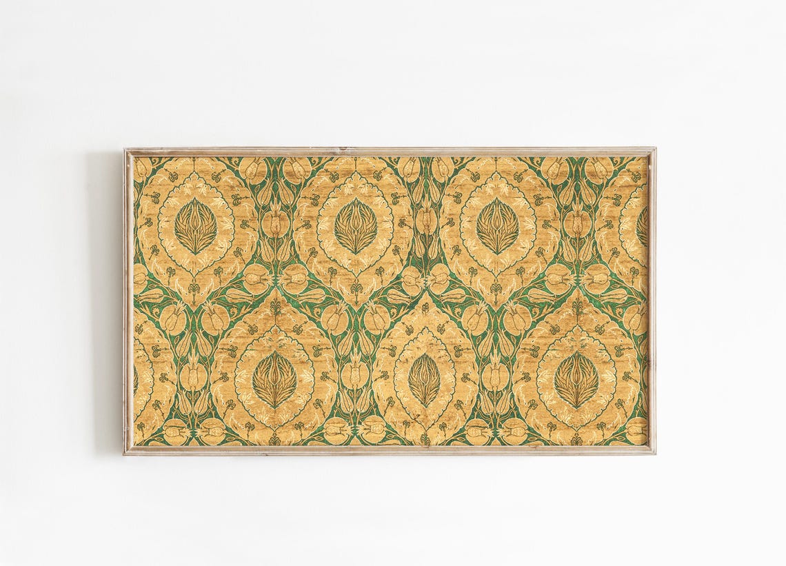Gold Green Victorian Botanical Textile Pattern Heritage Wall Art
