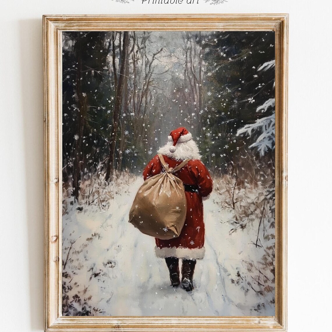 Santa Claus Walking Through Snowy Forest Christmas Vintage Poster