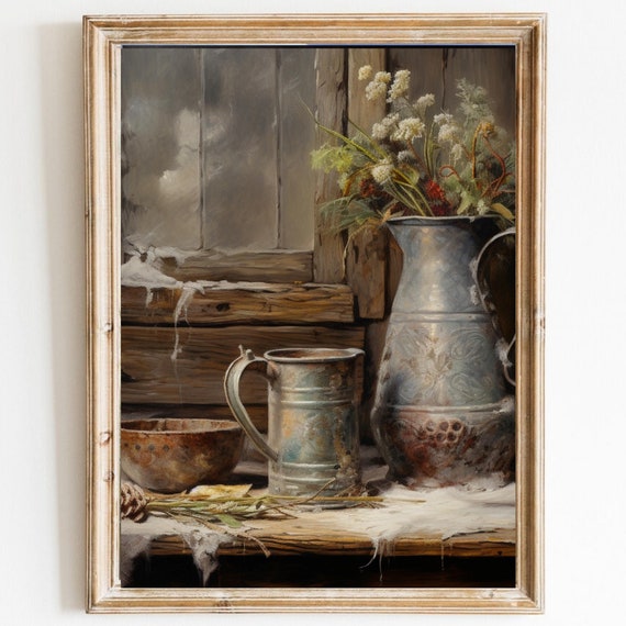 Vintage Still Life Kitchen Print Rustic Oil Painting Country Dining Room Wall Art Cottagecore Decor Moody Winter Farmhouse 707