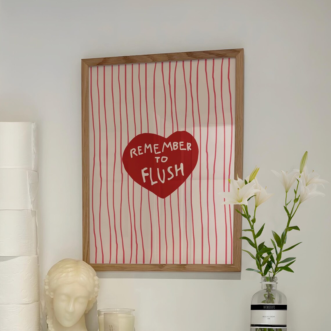 Remember to Flush Red Heart Striped Funny Bathroom Wall Print