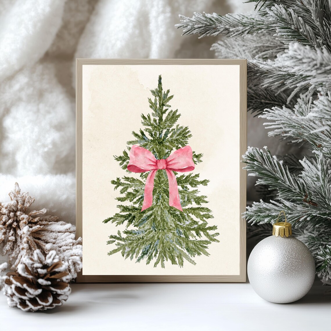Watercolor Christmas Tree Pink Bow Minimalist Festive Holiday Poster - Image 3