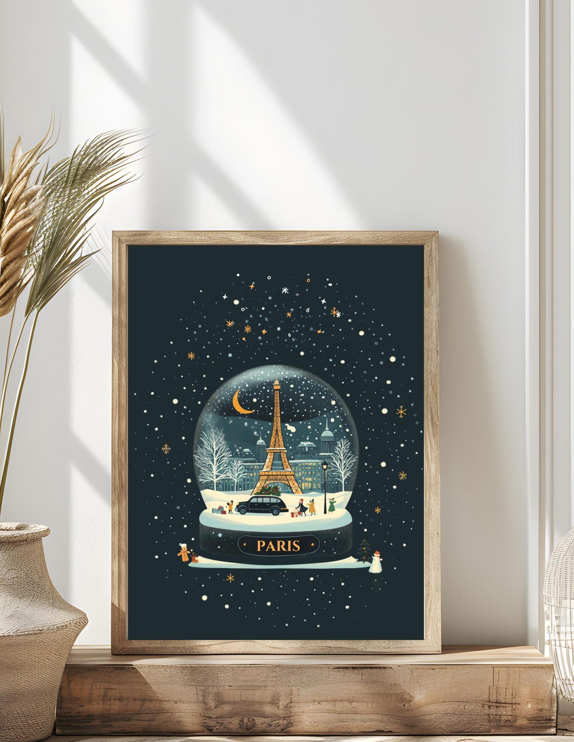 Paris Eiffel Tower Snow Globe Night Sky Christmas Travel Poster