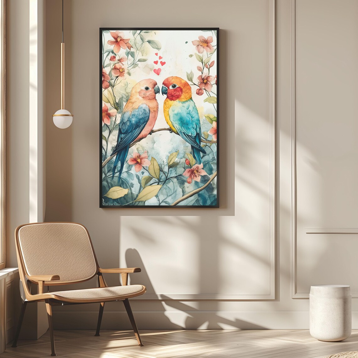 Colorful Lovebirds Watercolor Parrots On Branch Floral Bird Art Poster - Image 2