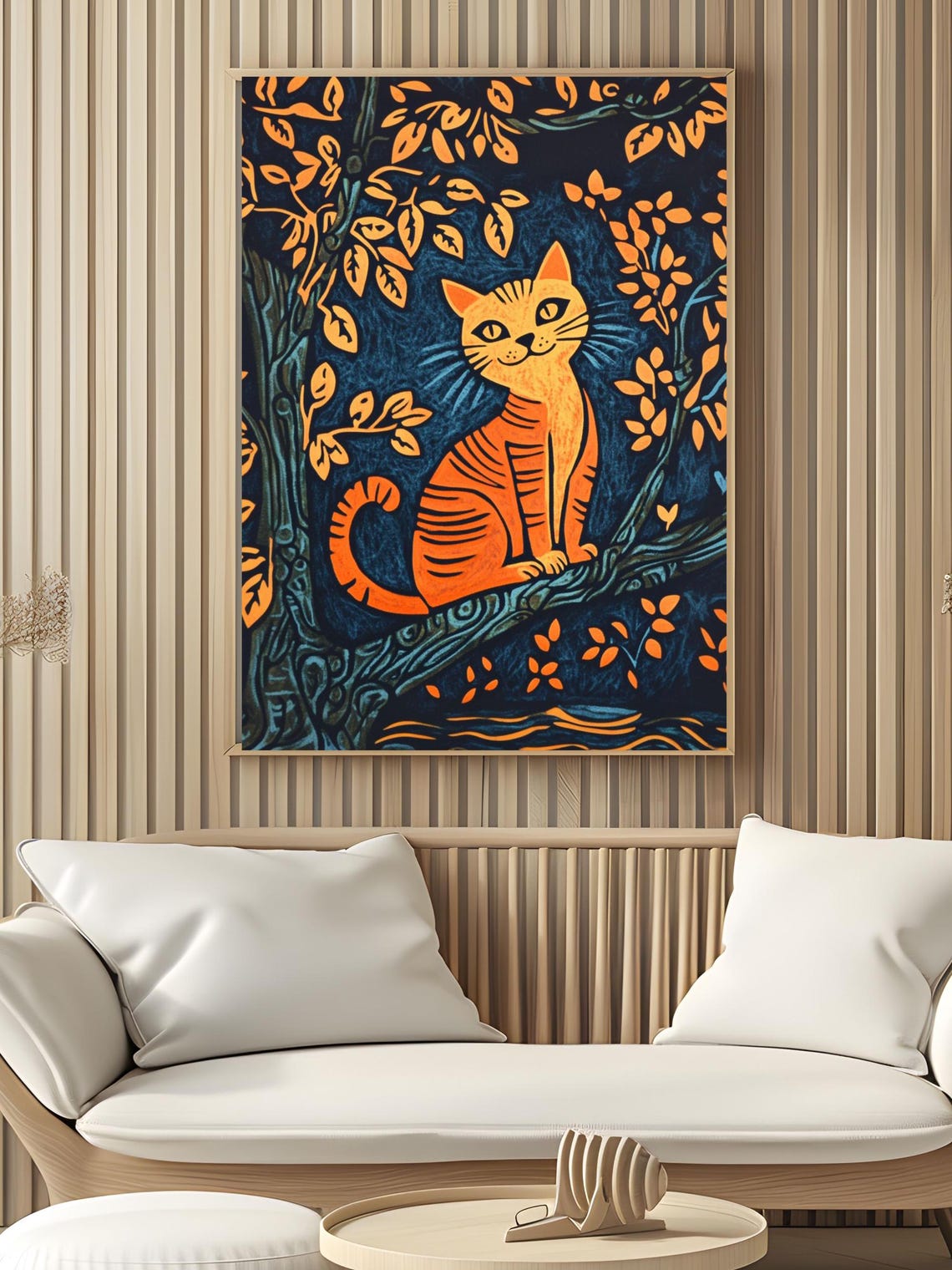 Orange Tabby Cat Woodcut Forest Style Dark Blue Nature Art Poster - Image 2