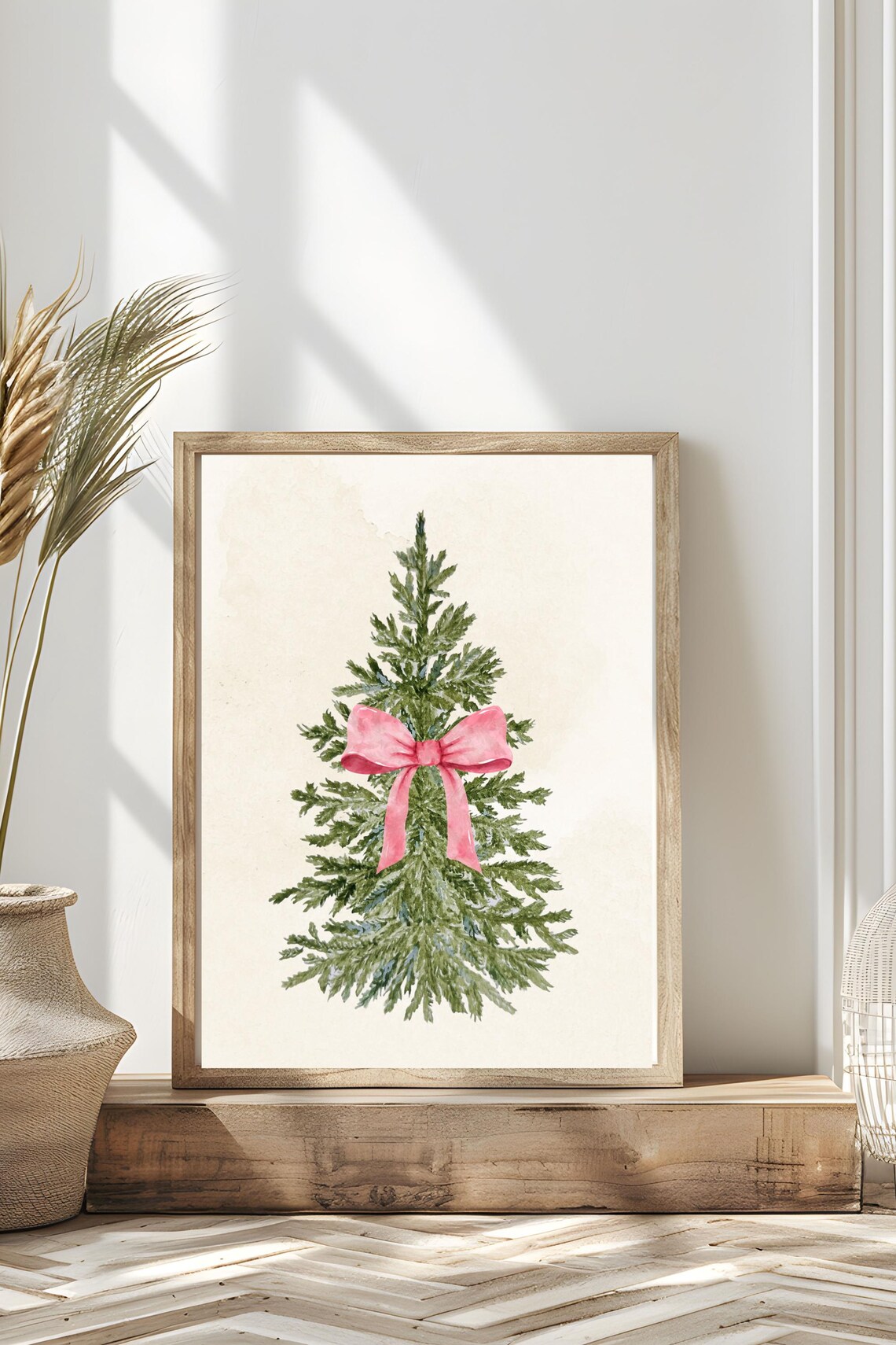Watercolor Christmas Tree Pink Bow Minimalist Festive Holiday Poster