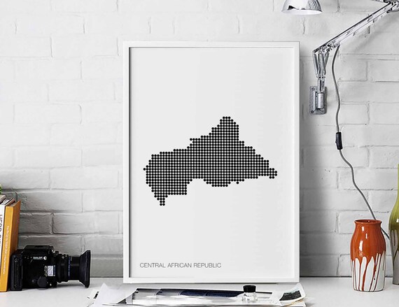 Central African Republic Minimal Dots Retro Map Poster Black White Wall Decor Design Modern Swiss Scandinavian Nordic Housewarming Travel