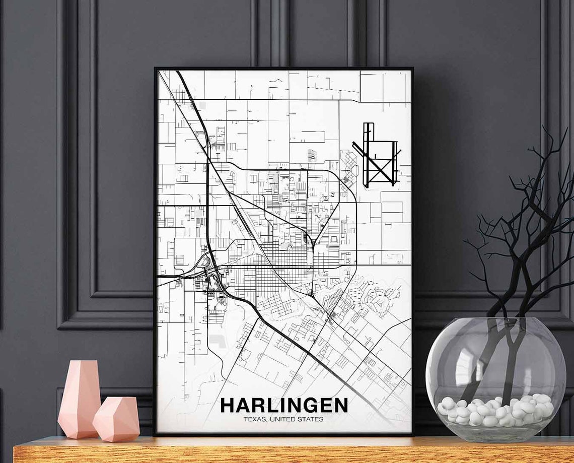 Harlingen Texas Black and White Minimalist Hometown Map Poster