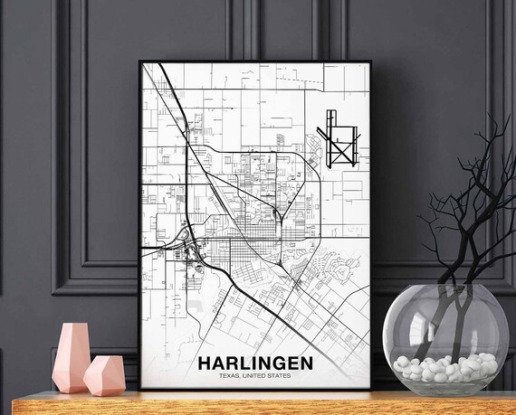 Harlingen Texas Tx Usa Map Poster Black White Hometown City Print Modern Home Decor Office Decoration Wall Art Dorm Bedroom Gift