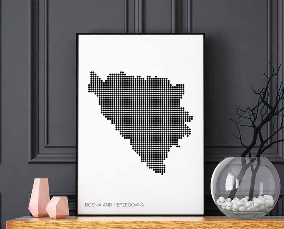 Bosnia Herzegovina Minimal Dots Retro Map Poster Black White Wall Decor Design Modern Swiss Scandinavian Nordic Housewarming Travel