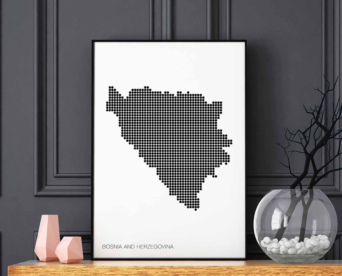 Bosnia Herzegovina Dotted Map Minimalist Black White Wall Poster