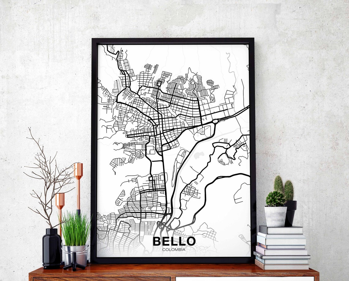 Bello Colombia Black Frame Minimalist White Street Map Poster