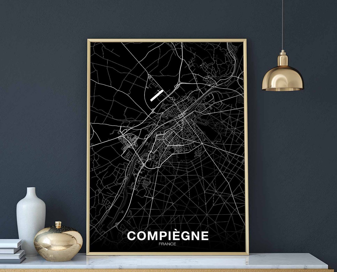 Compiègne France Street Map Black Background Modern City Poster