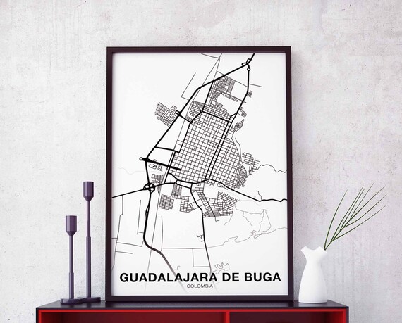 Guadalajara De Buga Colombia Map Poster Black White Hometown City Print Modern Home Decor Office Decoration Wall Art Dorm Bedroom Gift