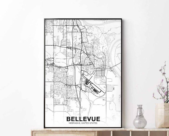 Bellevue Nebraska Ne Us Map Poster Black White Hometown City Print Modern Home Decor Office Decoration Wall Art Dorm Bedroom Gift