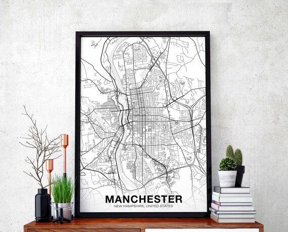 Manchester New Hampshire Nh Usa Map Poster Black White Hometown City Print Modern Home Decor Office Decoration Wall Art Dorm Bedroom Gift