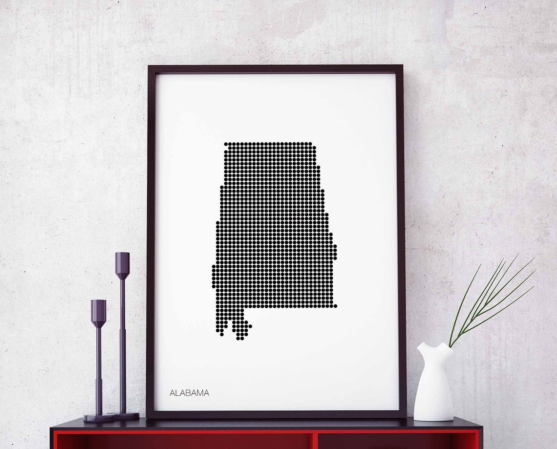 Alabama Minimalist Black Dot USA State Map Modern Retro Wall Art