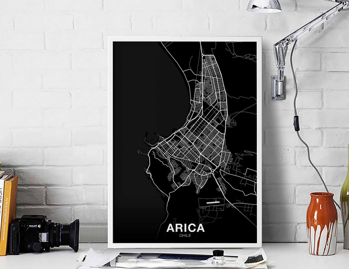 Arica Chile Coastal City Street Map Dark Night Style Travel Poster