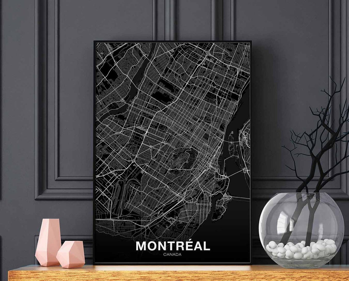 Montreal Canada Dramatic Black White Modern City Street Map Poster