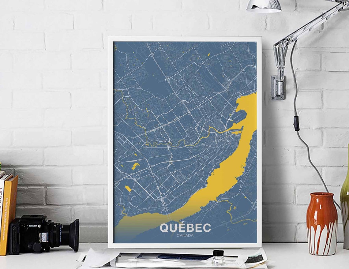 Québec Canada Blue City Map With Golden River Modern Decor Poster