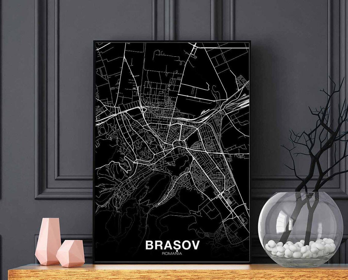 Brasov Romania Map Poster, Black White City Print