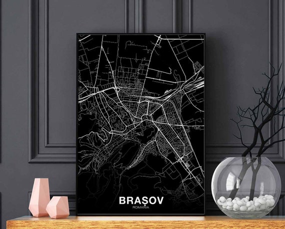 Brasov Romania Map Poster, Black White City Print