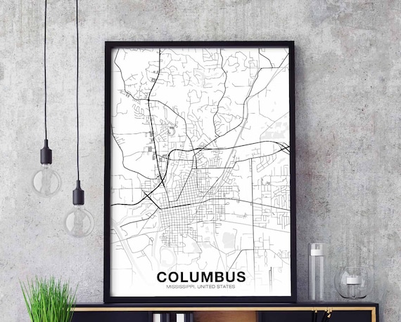 Columbus Mississippi Ms Usa Map Poster Black White Hometown City Print Modern Home Decor Office Decoration Wall Art Dorm Bedroom Gift