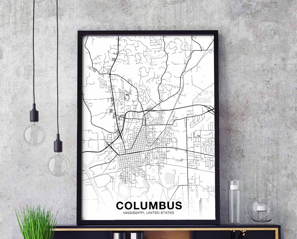 Columbus Mississippi Black White Minimalist Street Map Poster