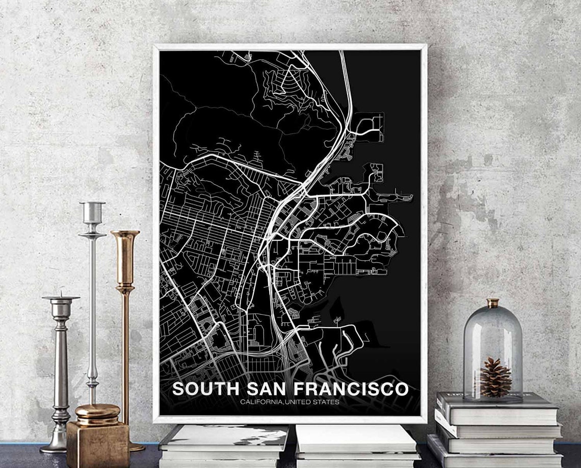 South San Francisco Black Street Map White Line Bay City Poster