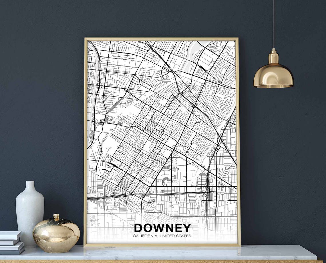 Downey California Street Map Black and White Modern City Poster