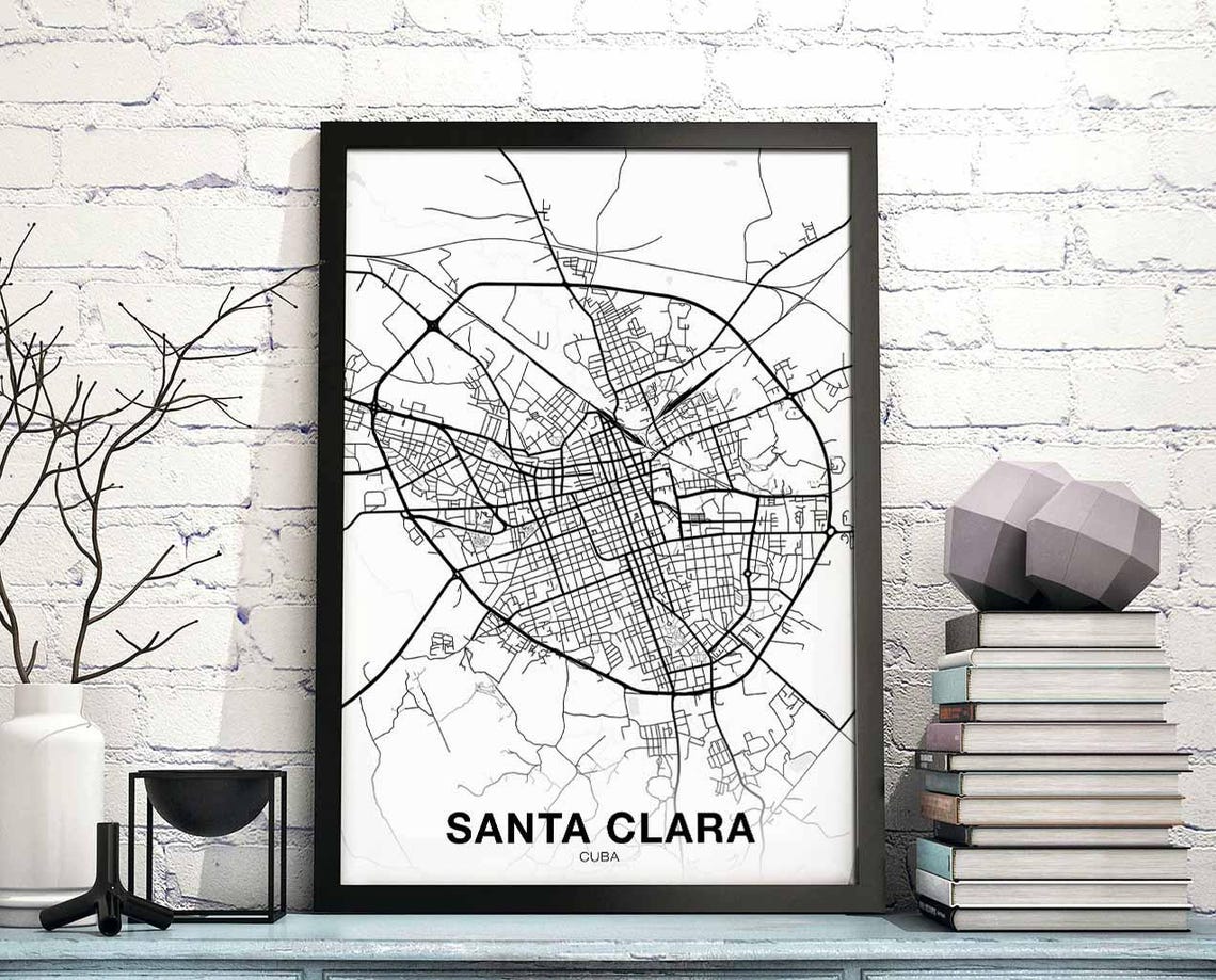 Santa Clara Cuba Street Map Black and White Modern City Poster Art