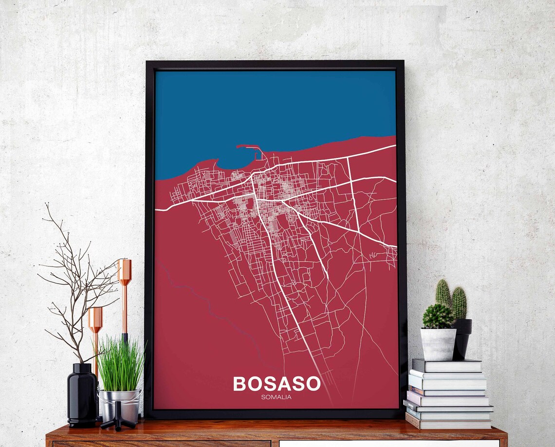 Bosaso Somalia Red City Street Map Coastal Minimalist Art Poster
