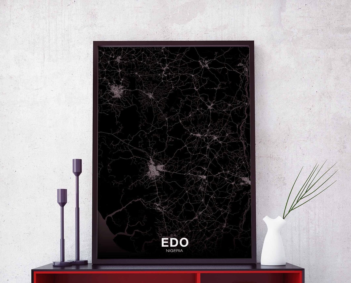 Edo Nigeria Black Minimalist Night City Map Poster for Decor