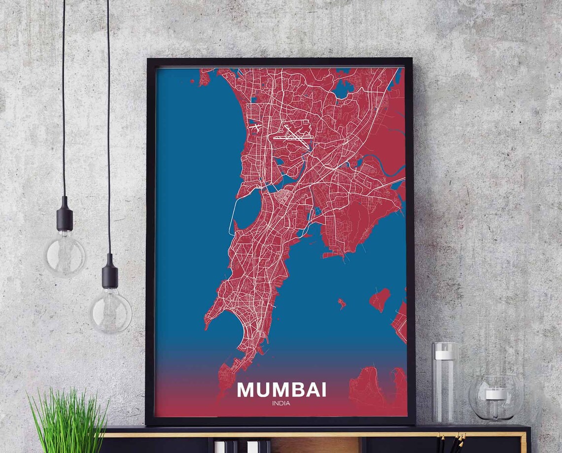 Mumbai India Map Poster, Modern City Art Print