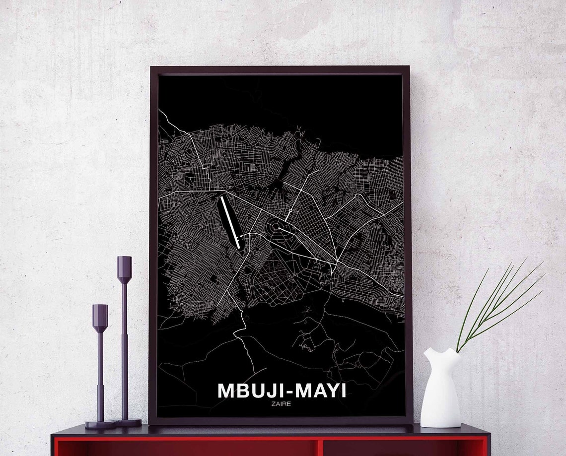 Mbuji Mayi Zaire Black Background White Line City Map Poster