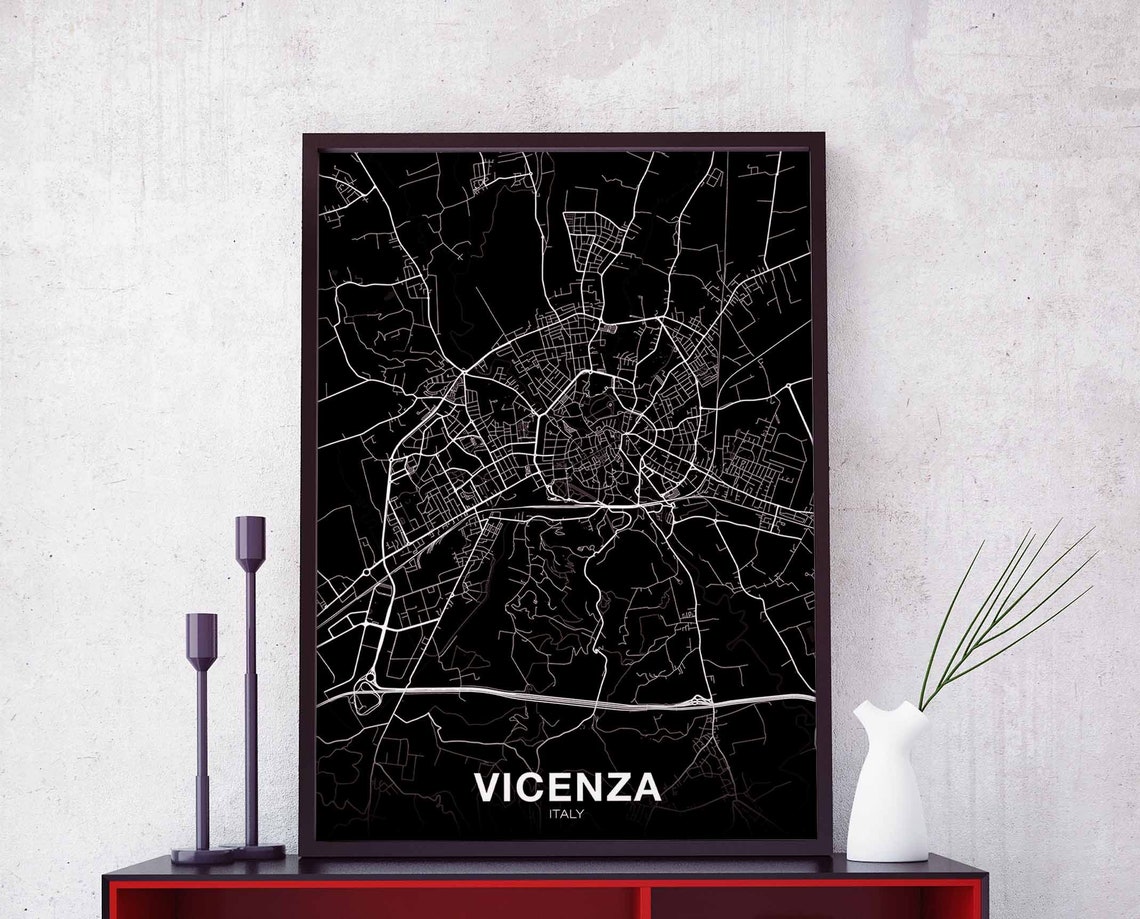 Vicenza Italy Dramatic Black And White City Street Map Poster